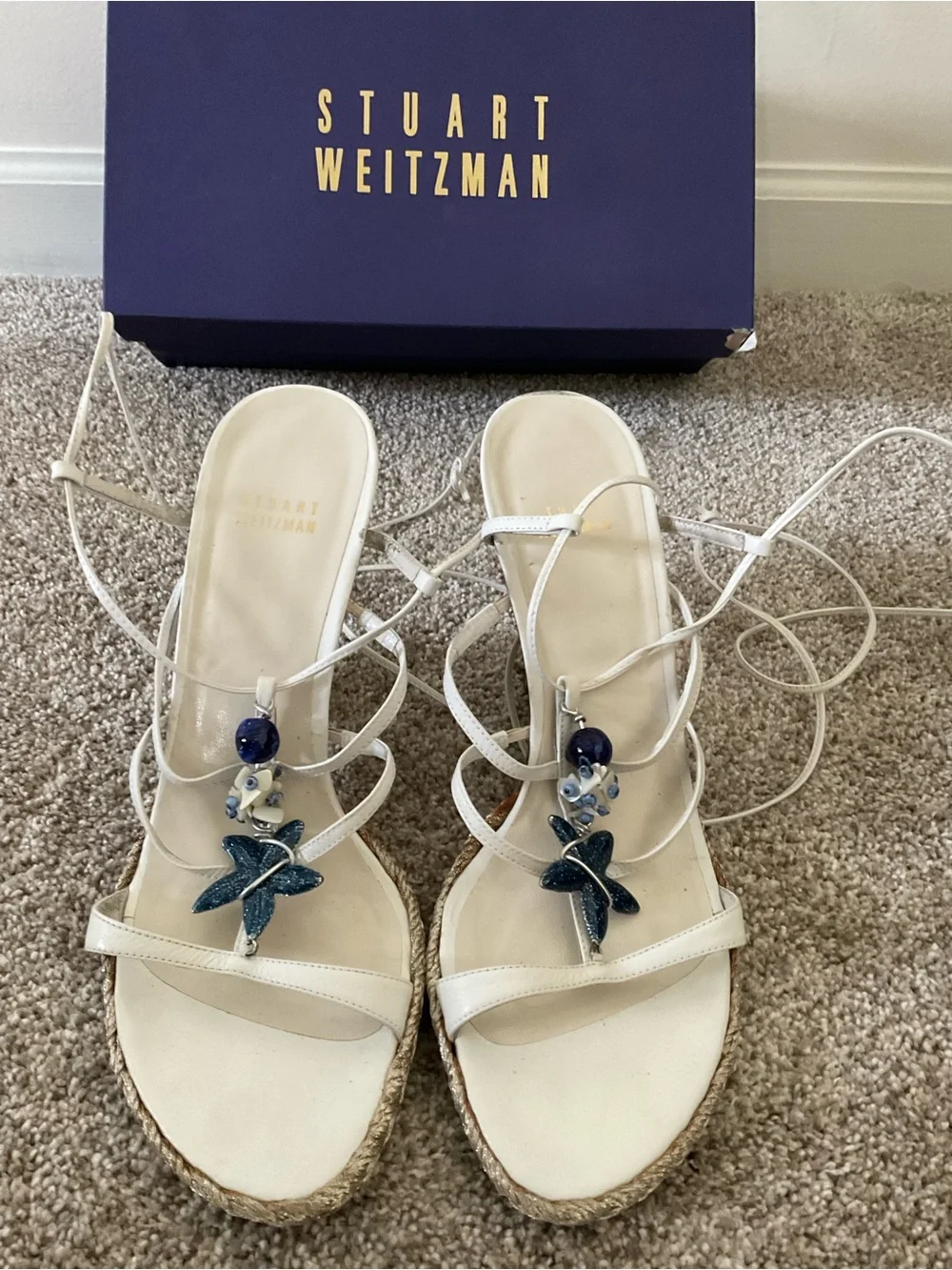 Stuart Weitzman White Strappy Espadrille Wedges with Blue Bead Accents - Picture 7 of 10